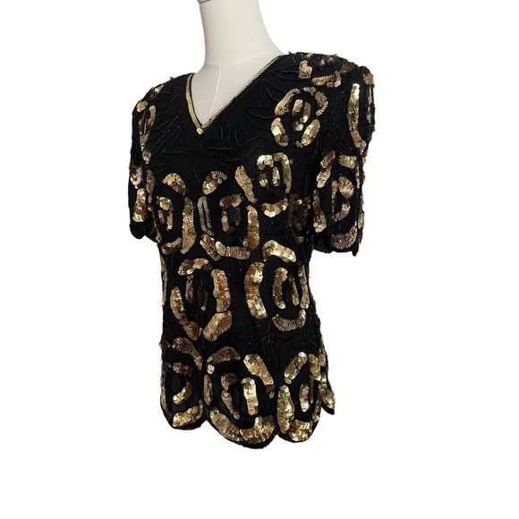 VTG. Stenay Black Gold Beaded‎ Silk Top S Sequin Evening Cocktail Blouse Glam - Picture 6 of 11